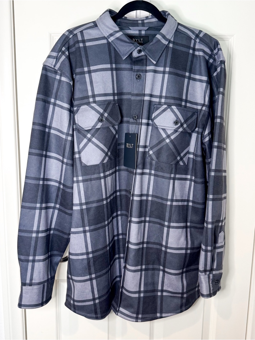 NEW BYLT Basics Plaid Coastal Overshirt Men's Gray Plaid Flannel XXL